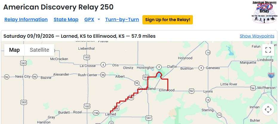 Planned route of the relay Saturday as it begins in Larned and ends in Ellinwood after passing through Great Bend and Cheyenne Bottoms.