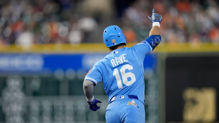 Kansas City Royals' John Rave celebrates after hitting a two-run home run against the Houston Astros during the fourth inning of a baseball game Wednesday, Sept. 16, 2026, in Houston. (AP Photo/David J. Phillip)