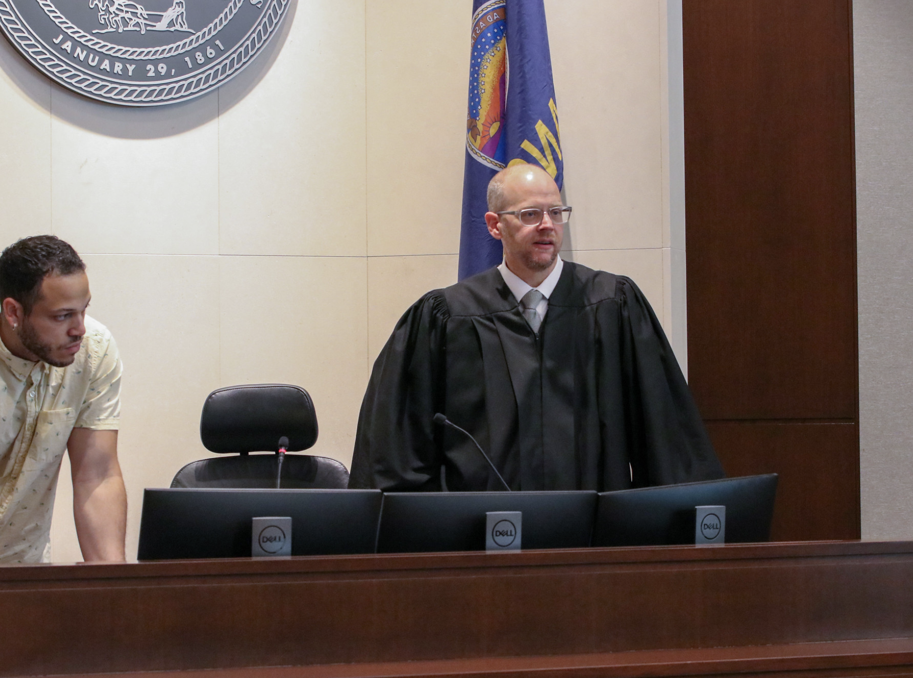  Judge Robert Wonnell presides over a 2025 mock trial held on Constitution Day to teach third graders across the country about the court system. (Photo by Kansas Courts)
