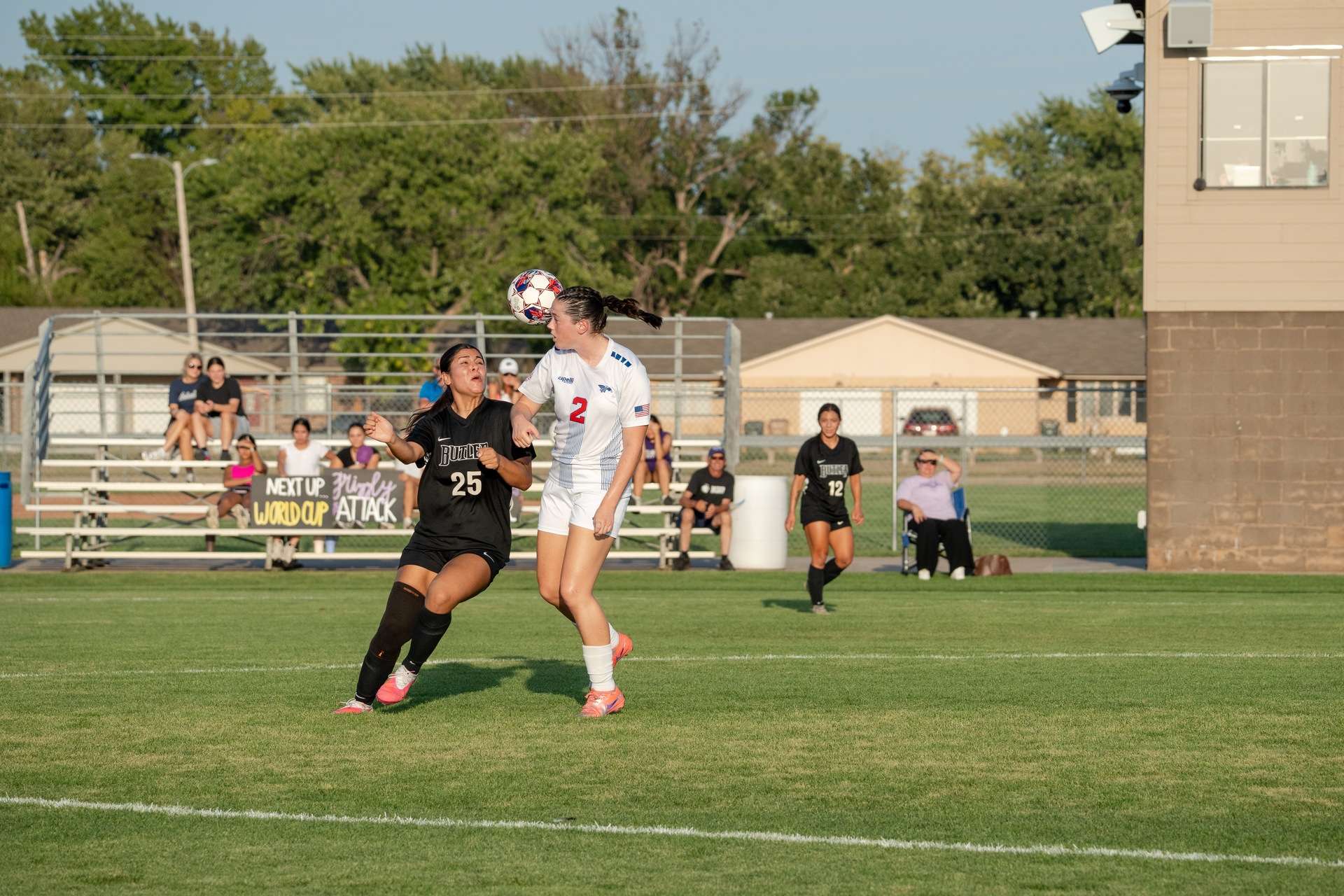 Lucy Bacon heads a ball during the first half of the Blue Dragon women's soccer team's 1-0 loss to No. 4 Butler on Wednesday at the Salthawk Soccer Complex. (Abby Filippi/Blue Dragon Sports Information)