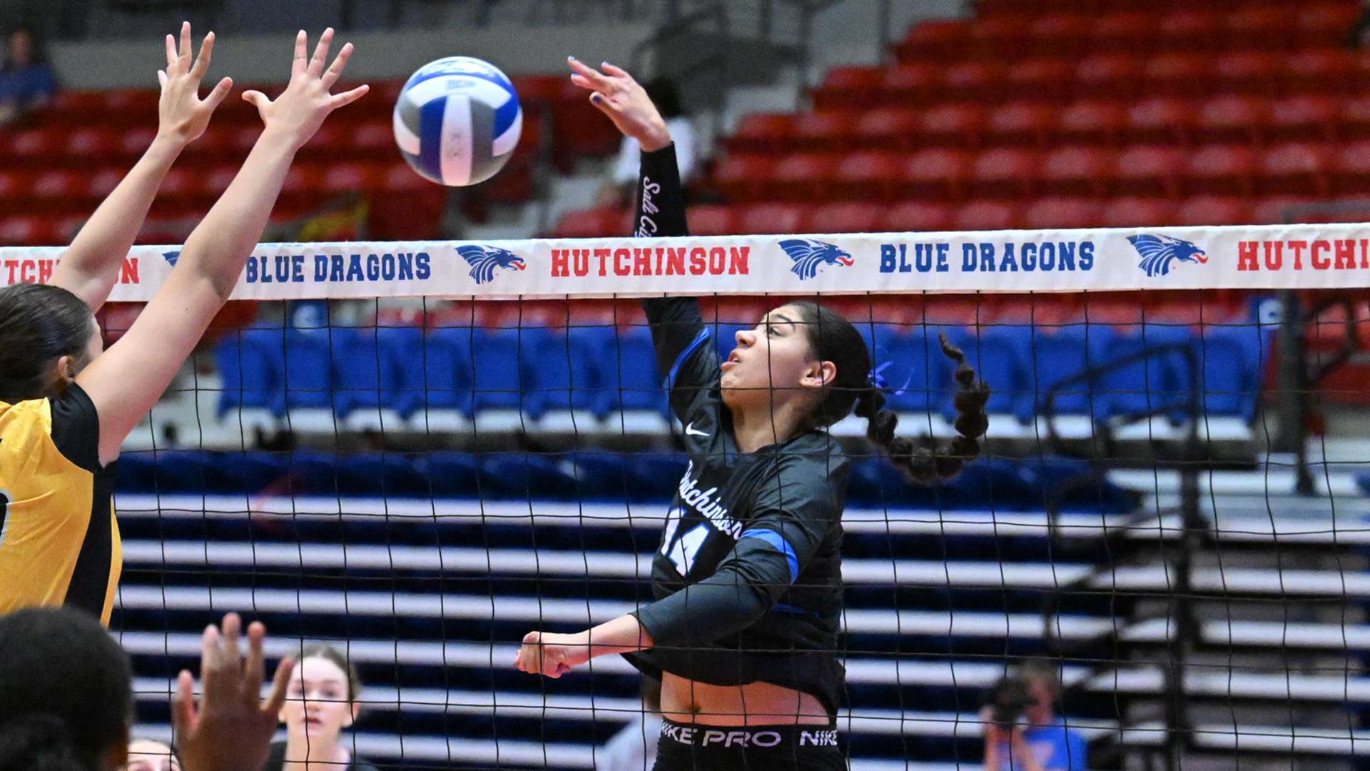 Giovanna Monteiro had a season-high 24 kills to lead the Blue Dragon Volleyball team to a come-from behind five-set victory at No 10 Dodge City on Wednesday in Dodge City . (Andrew Carpenter/Digital Fox Photography)