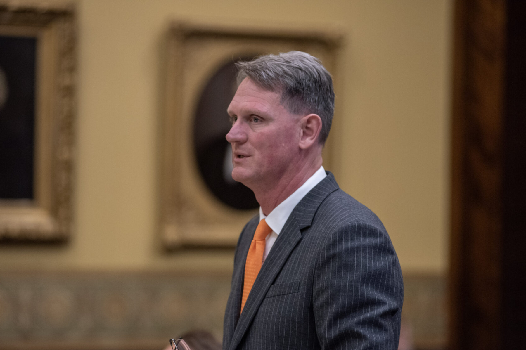 Marc Ellinger, attorney for the U.S. Rep. Bob Onder and state Sen. Rick Brattin, argued Thursday to the 8th U.S. Circuit Court of Appeals that it should order Missouri to use the gerrymandered 2025 plan for the Nov. 3 election. Ellinger is shown speaking Sept. 2 during a Missouri Supreme Court hearing (Annelise Hanshaw/Missouri Independent).