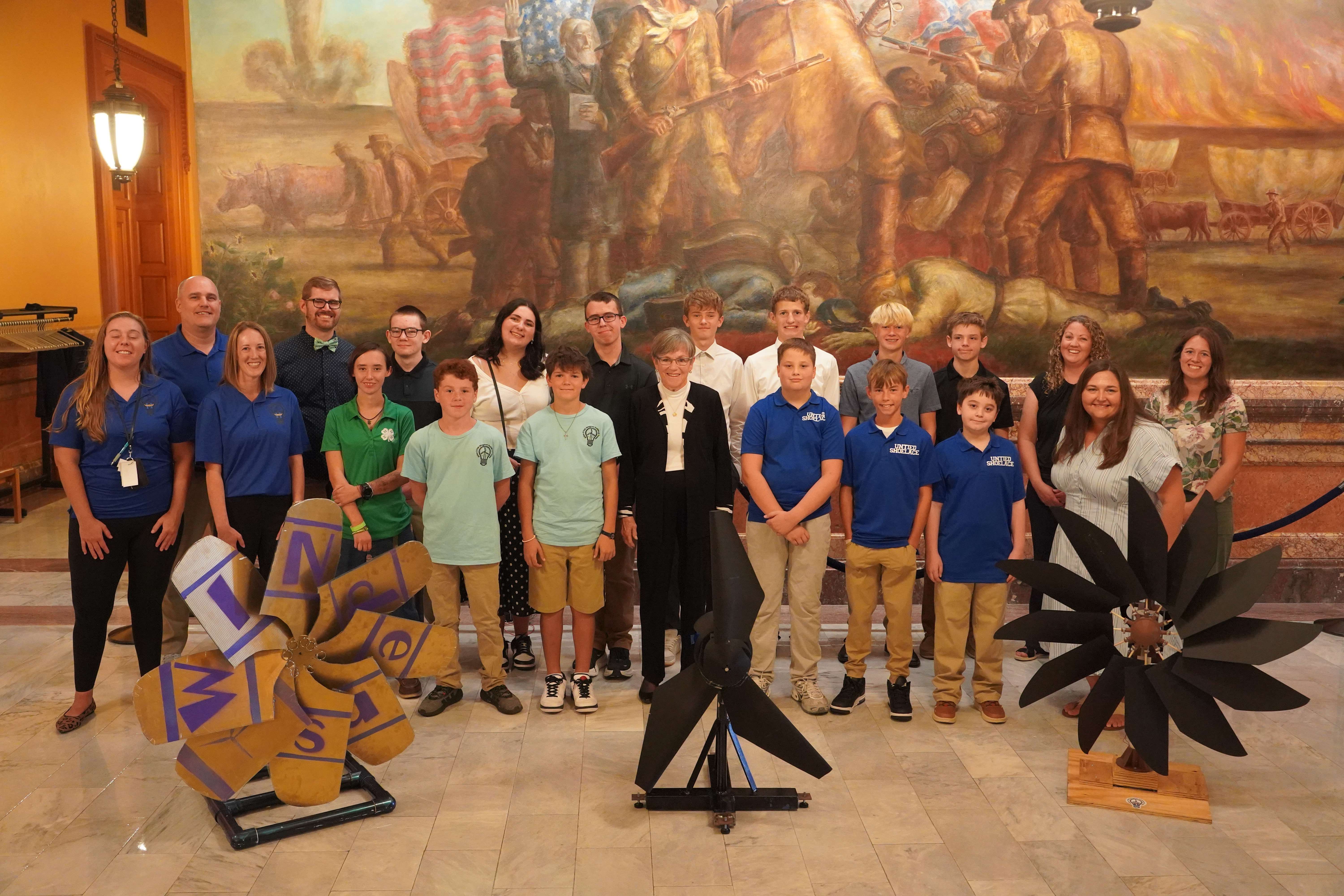 KidWind Champions with Gov. Laura Kelly at the Kansas Statehouse Sept. 15, 2026. (Photo courtesy of K-State Research and Extension.)