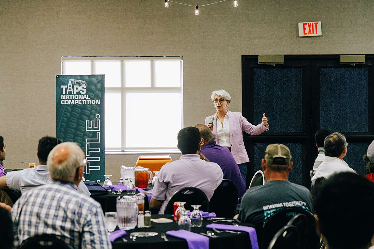 Jane Shuh, K-State associate dean for research and graduate programs and the director of the Kansas Agricultural Experiment Station, shares information on the collaborative impact of the work, TAPS and importance of the farmer's role in research.&nbsp;Photo courtesy K-State Research and Extension