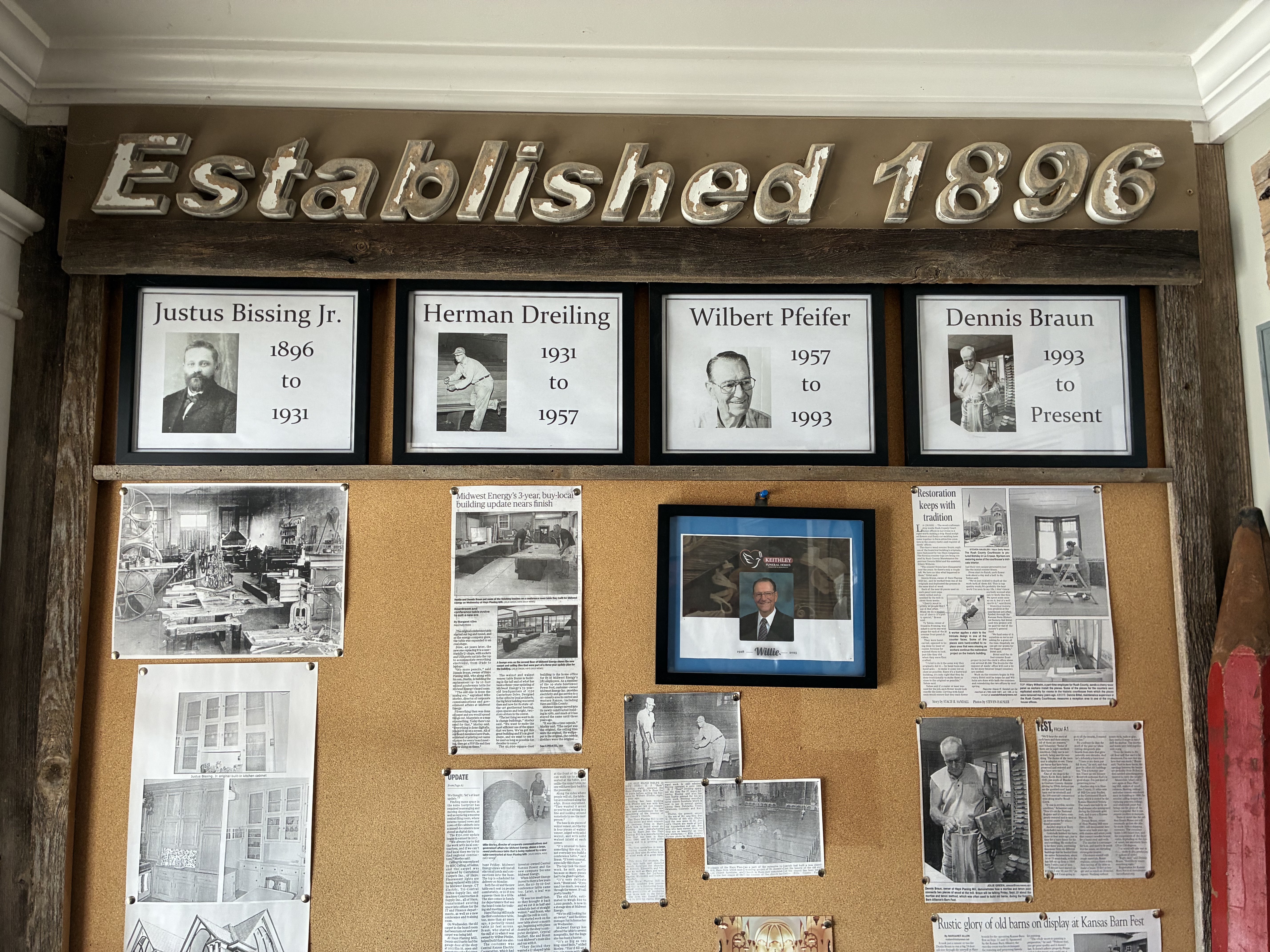A display at Hays Planing Mill traces the business’s ownership from its founding in 1896 to the present.<br>