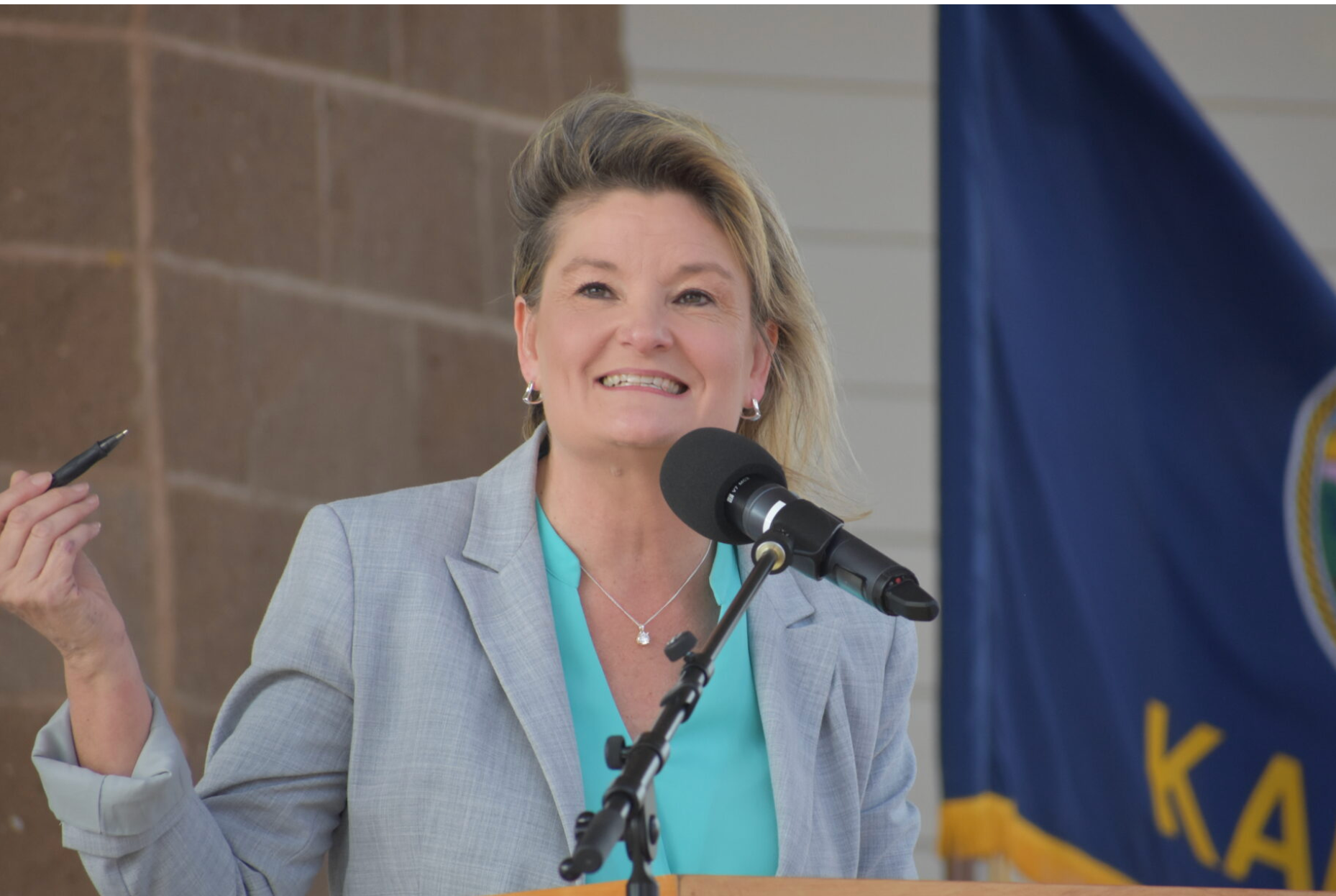  State Sen. Cindy Holscher, the Democratic Party’s nominee for governor, is critical of the decision by state Sen. Ty Masterson, the Republican gubernatorial nominee, to take part in two TV debates. This is an image of Holscher at the Sept. 12 debate at the Kansas State Fair in Hutchinson. (Photo by Jill Hummels for Kansas Reflector)