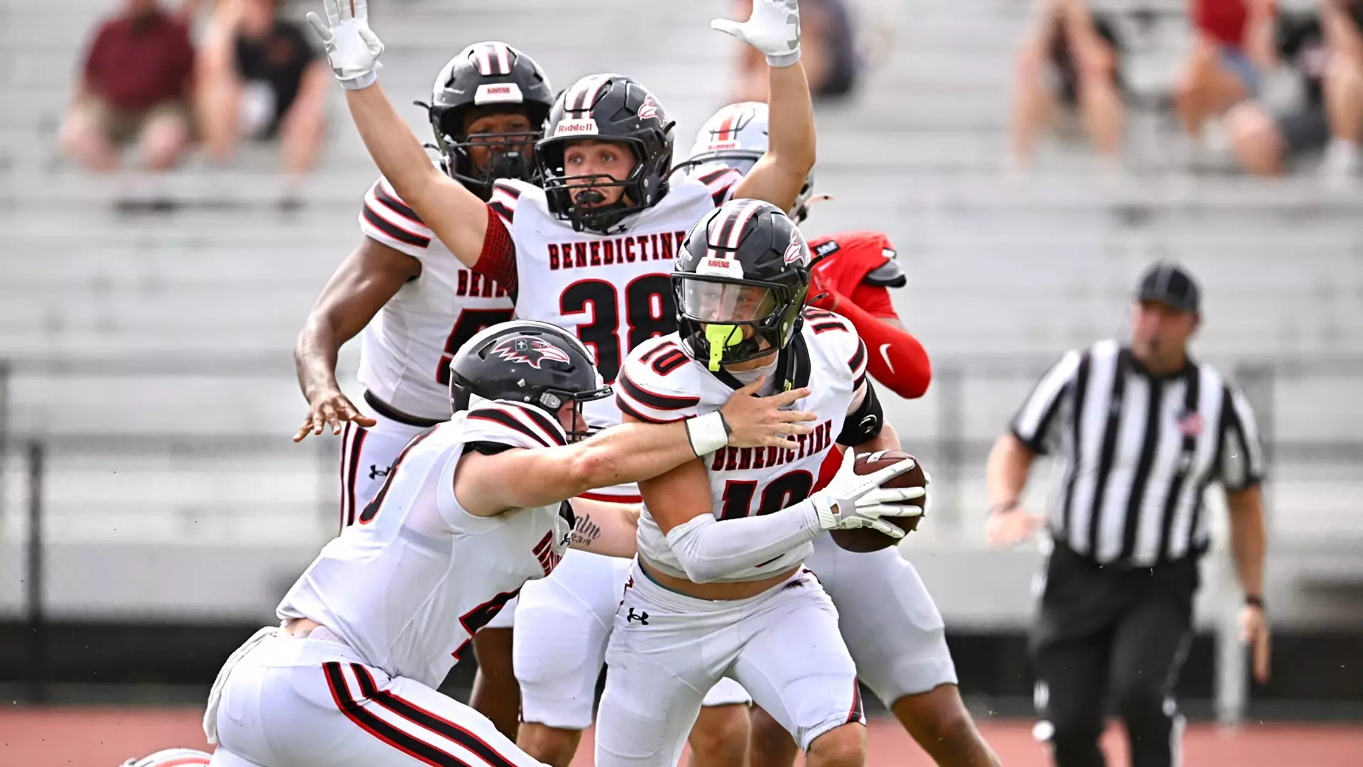 The No. 9 Benedictine Raven football team upset the No. 1 Grand View Vikings 21-17, snapping the Vikings 73 game regular season winning streak, and overall 32 game winning streak/ Photo courtesy of Benedictine Athletics