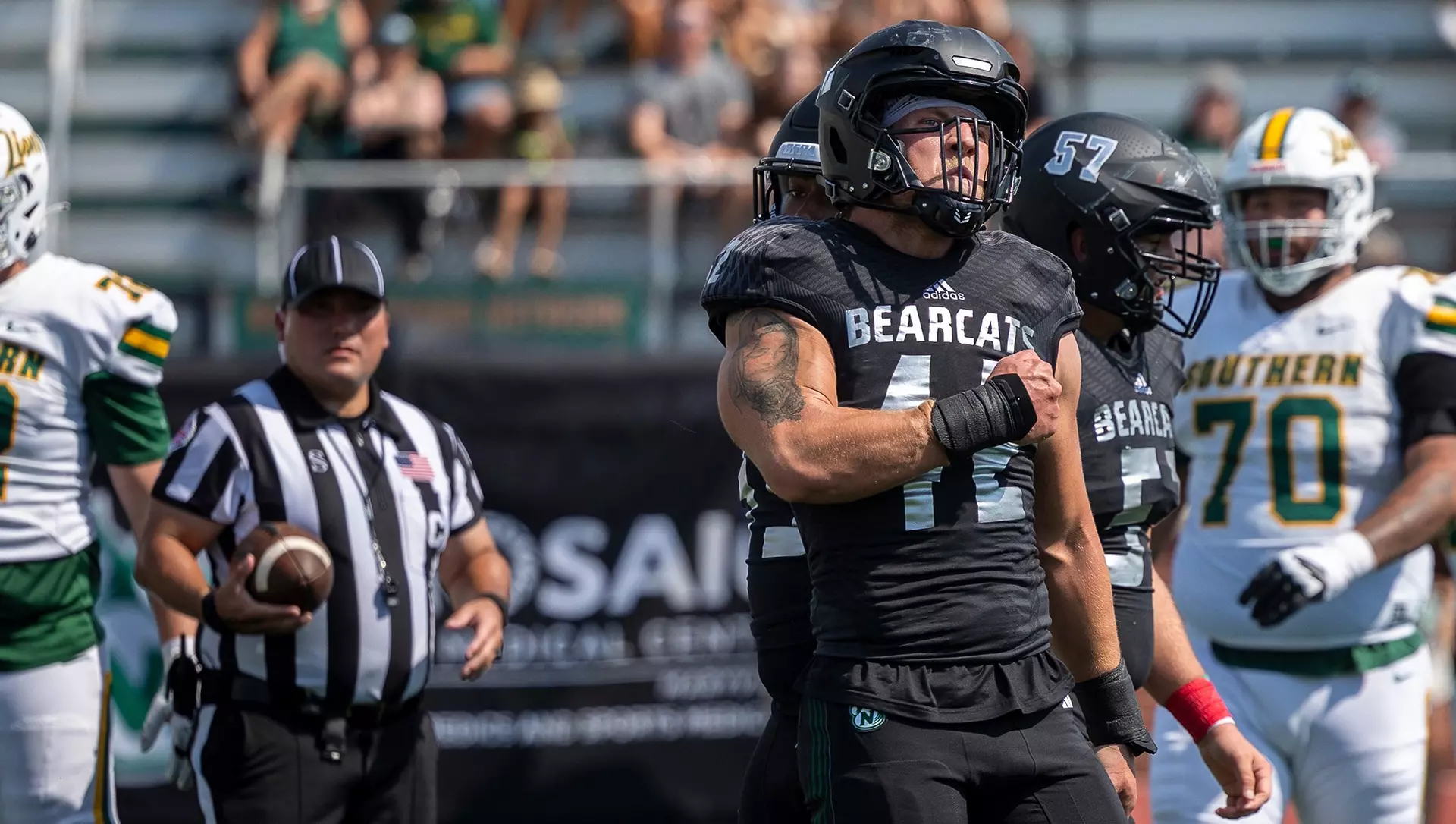 Defensive lineman Jacob Stockard (42) had one sack as the No. 7 Northwest Missouri State Bearcats dominated Missouri Southern 65-3 on Family Day in Maryville/ Photo courtesy of Mitchell Harvey-Northwest Athletics