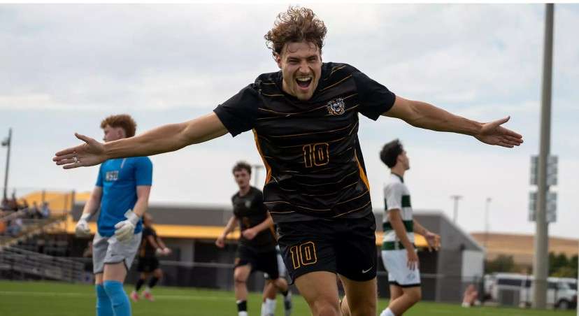 Fort Hays State forward Len Valkema (10) celebrates after scoring a goal against Northeastern State on Saturday, September 19, 2026 in Hays, Kan. (FHSU Athletics photo/Madyson Schliep)