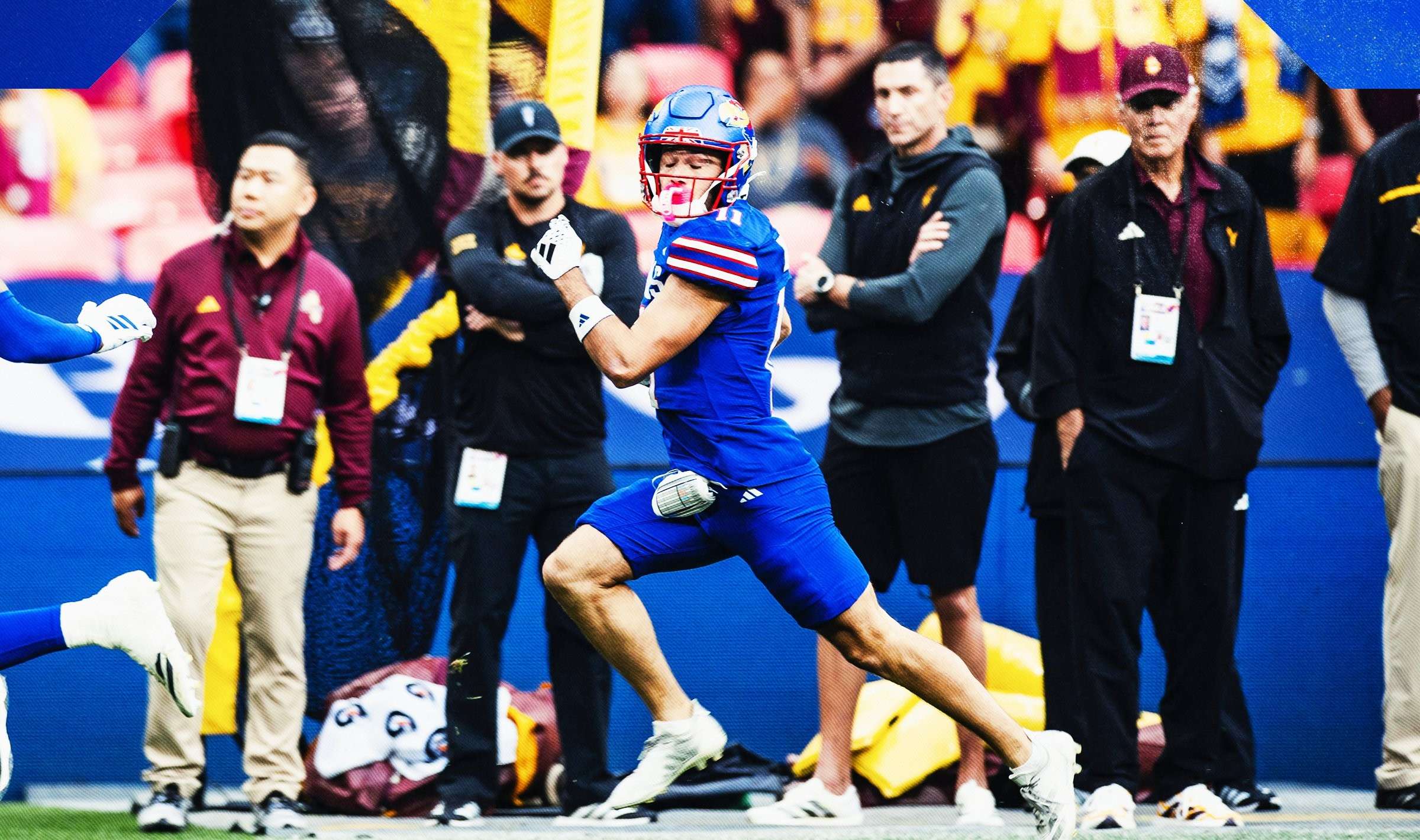 Tate Nagy, son of former Chiefs offensive coordinator Matt Nagy, returned a punt 72 yards to give Kansas a brief lead, but ultimately the Jayhawks fell to Arizona State 24-17 to open Big 12 play at Wembley Stadium in London/ Photo courtesy of Kansas Football