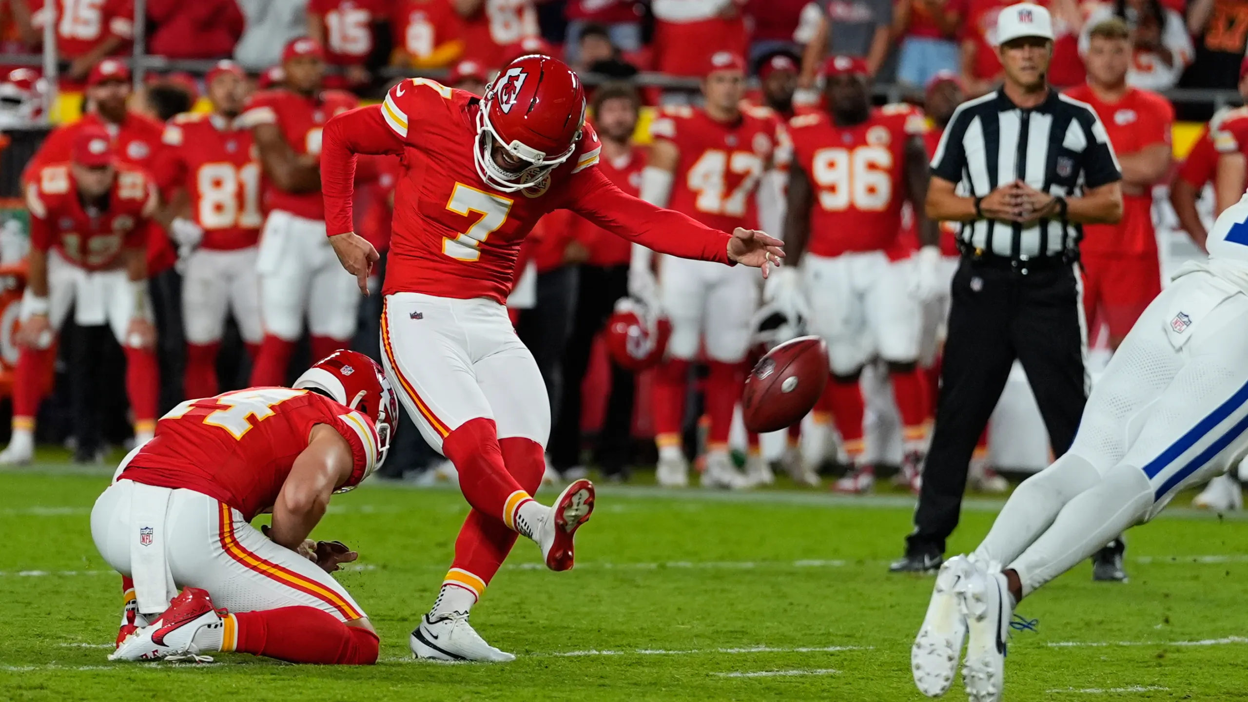 Kansas City Chiefs place kicker Harrison Butker makes a field goal to defeat the Indianapolis Colts in overtime of an NFL football game Sunday, Sept. 20, 2026, in Kansas City, Mo. (AP Photo/Charlie Riedel)