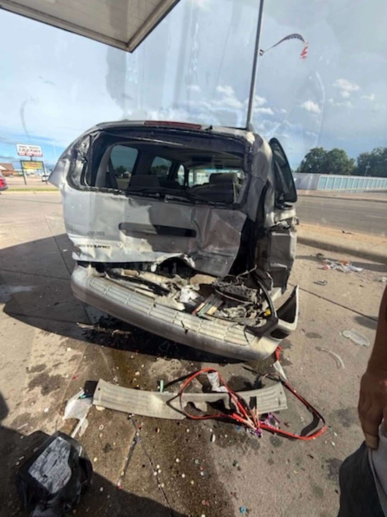 The van that was on East 4th, westbound, that was hit from behind by the hit-and-run driver, Angel Benitez, at Casey's on Sunday, September 20, 2026. (Courtesy Image)