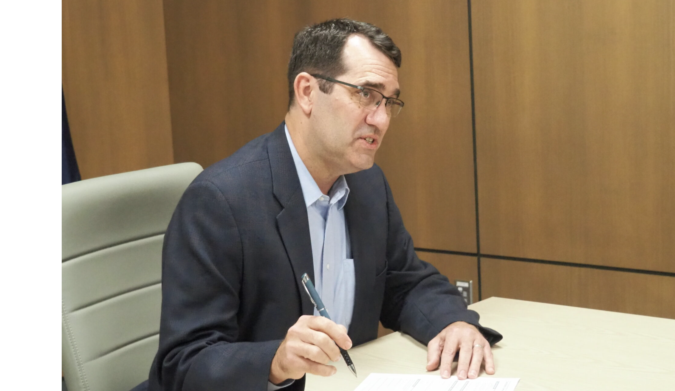 Republican U.S. Rep. Derek Schmidt, seen March 12, 2026, at the Kansas Secretary of State’s Office in Topeka, refused to sign onto a procedural move to bypass House leadership and force a vote on legislation to bring transparency to the Epstein files. Democrat Don Coover, who is running against Schmidt, criticized Schmidt’s decision. (Tim Carpenter/Kansas Reflector)