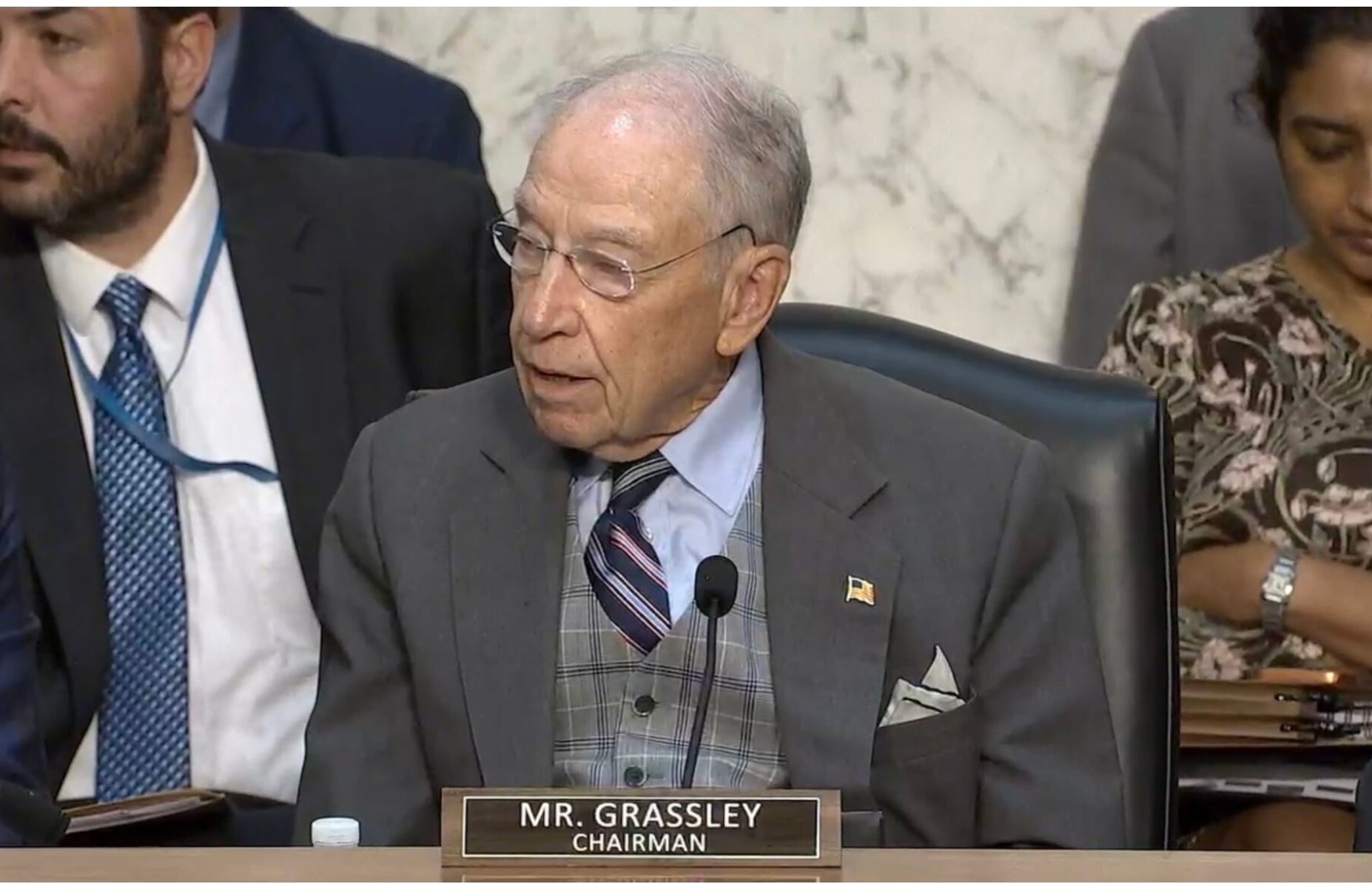  Sen. Chuck Grassley, a Republican from Iowa, is urging President Donald Trump to embargo diesel fuel exports as rising costs impact farmers in his largely agricultural state. Grassley is shown at a Senate Judiciary Committee meeting on July 23 (Screenshot from committee webcast).
