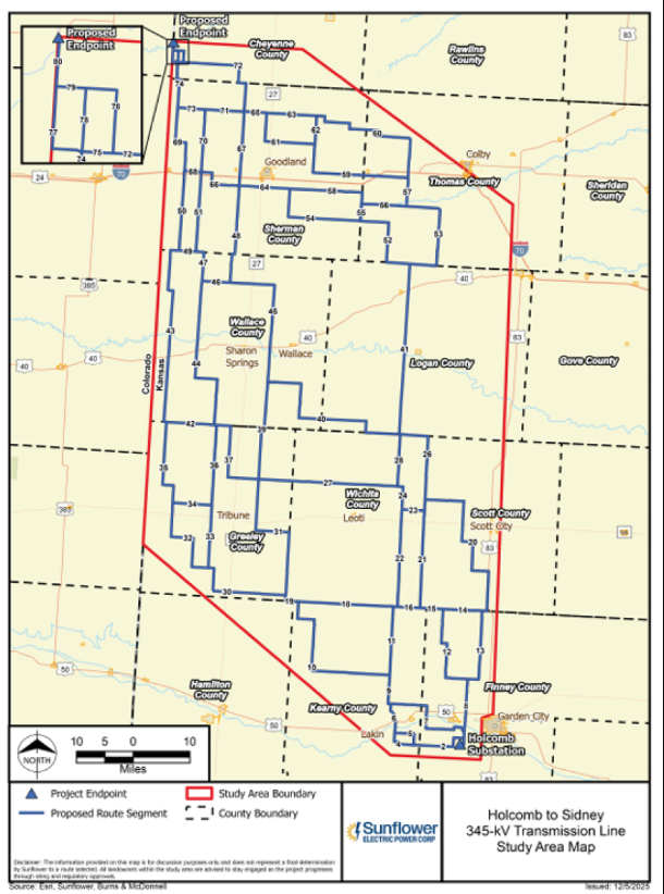 Proposed routes for transmission line from Holcomb to Sidney, Neb. Image courtesy Sunflower Electric Power Corporation.