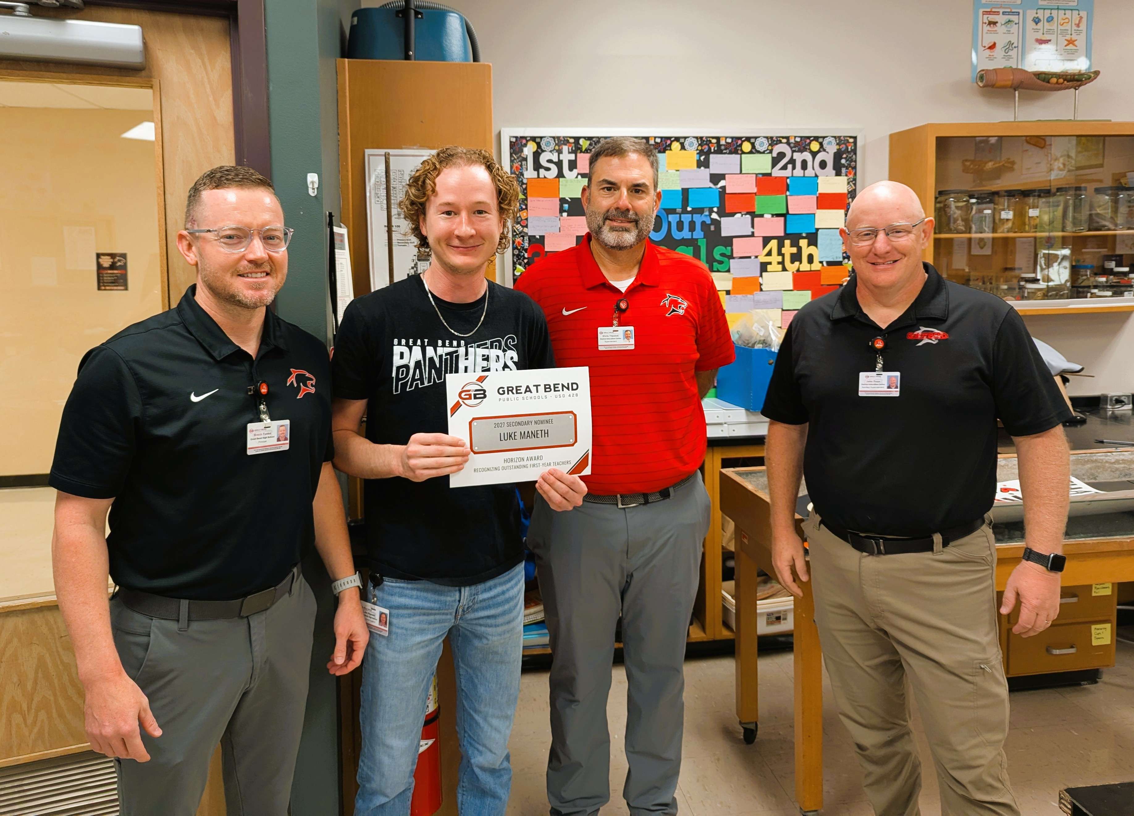 The USD 428 admin team interrupted Mr. Maneth’s science class at GBHS on Friday, September 18, to deliver special recognition. Luke Maneth was presented with the 2027 Horizon Award Secondary Nomination, joined in the photo by Brock Funke, GBHS Principal; Khris Thexton, USD 428 Superintendent; and John Popp, Assistant Superintendent.