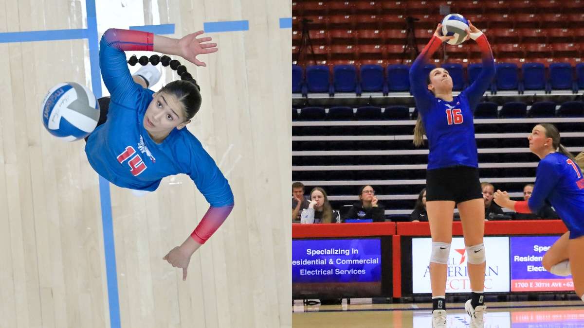 Giovanna Monteiro (left) was named the KJCCC Division I Volleyball Offensive Player of the Week on Tuesday. Freshman Klaudia Bilinksa was named the KJCCC Freshman of the Week.