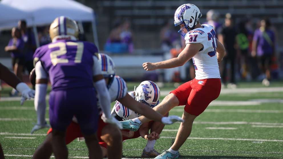Freshman placekicker Parker Grizzell kicks a school-record 54-yard field goal last Saturday in No. 2 Hutchinson's 24-0 win over No. 12 Butler. Grizzell was named the KJCCC Special Teams Player of the Week for the second-straight week. (Billy Watson/Blue Dragon Sports Information)