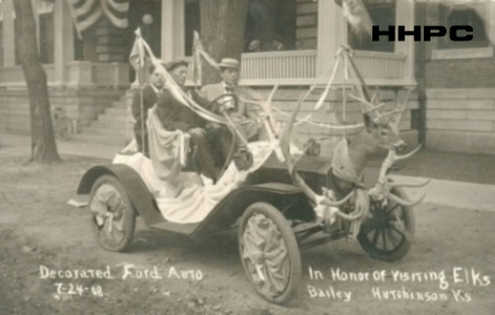 Elks Club Auto Tour - Decorated Ford for Car Show - In Front of Elks Lodge - July 24, 1908 (By Bailey). Courtesy of the Conard-Harmon Collection.