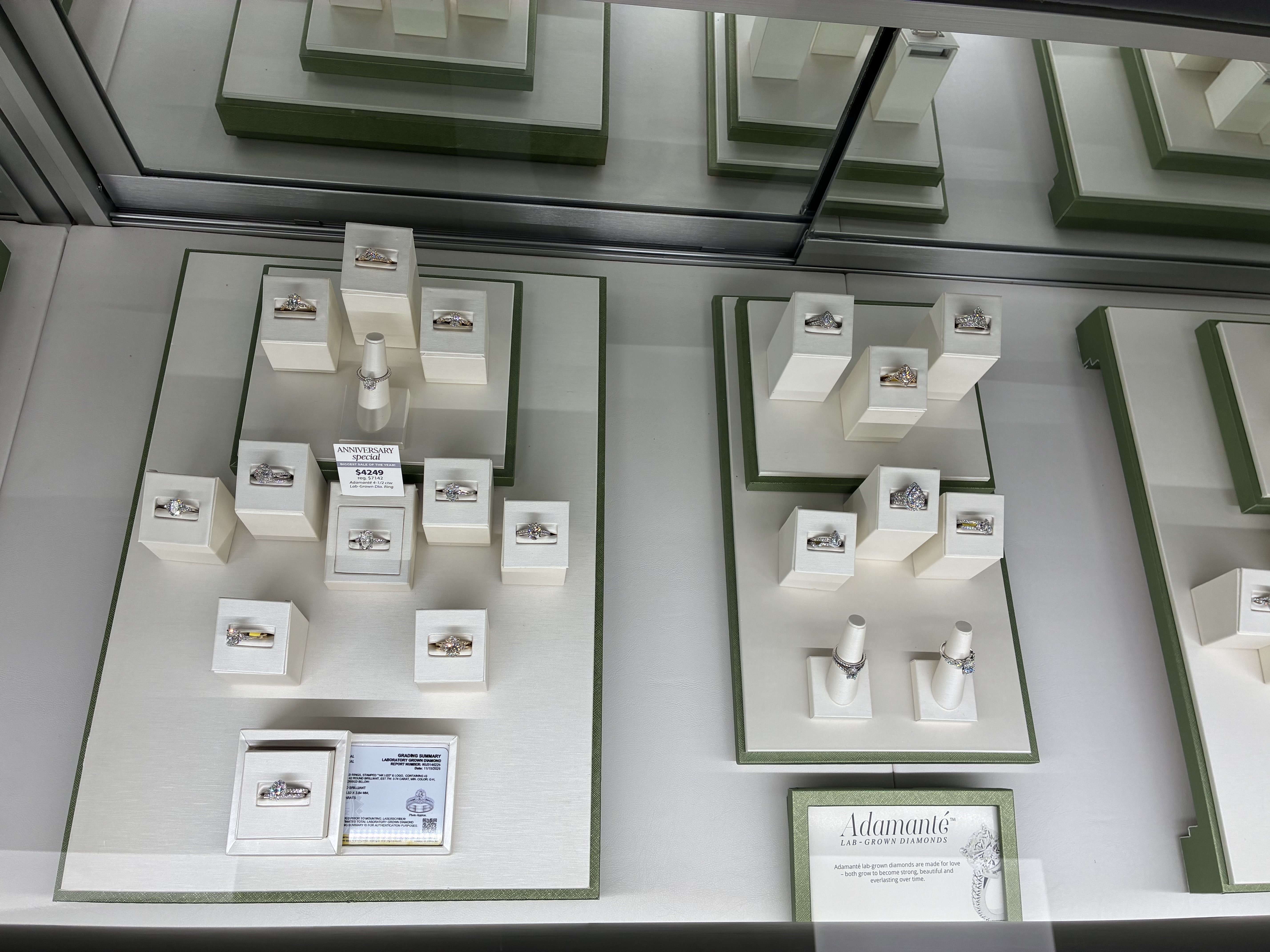 Diamond rings, including a selection of lab-grown diamonds, are displayed at the jewelry store’s new Hays location. Photo by Alin Hett/Hays Post<br>