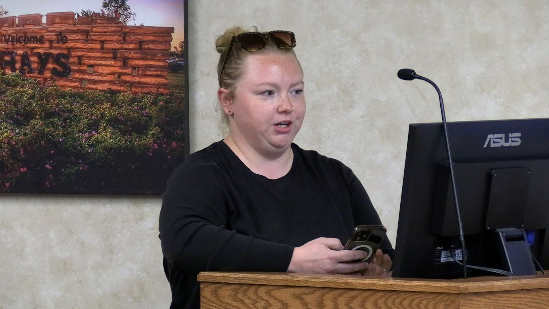 Alicia Flower, Ellis Alliance executive director, speaks about her family's support along with the regional economic benefits of Fort Hays State University's Sternberg Museum of Natural History during the Sept. 24, 2026 Hays City Commission meeting. Photo by Becky Kiser/Hays Post