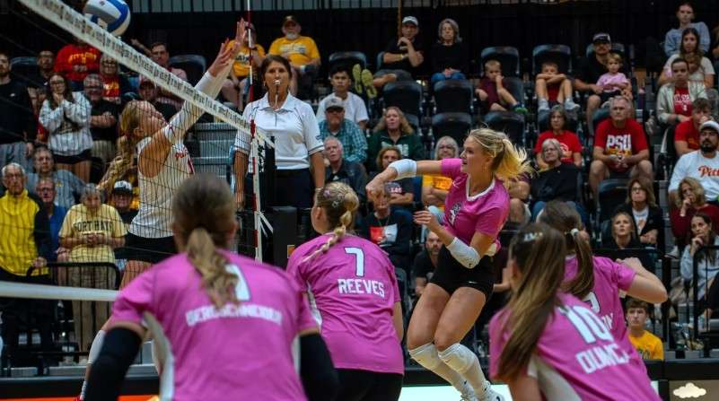 Fort Hays State rightside hitter Ella Goodwin (3) goes for a kill in an MIAA volleyball match against Pittsburg State on Friday, September 25, 2026 in Hays, Kan. (FHSU Athletics photo/Madyson Schliep)