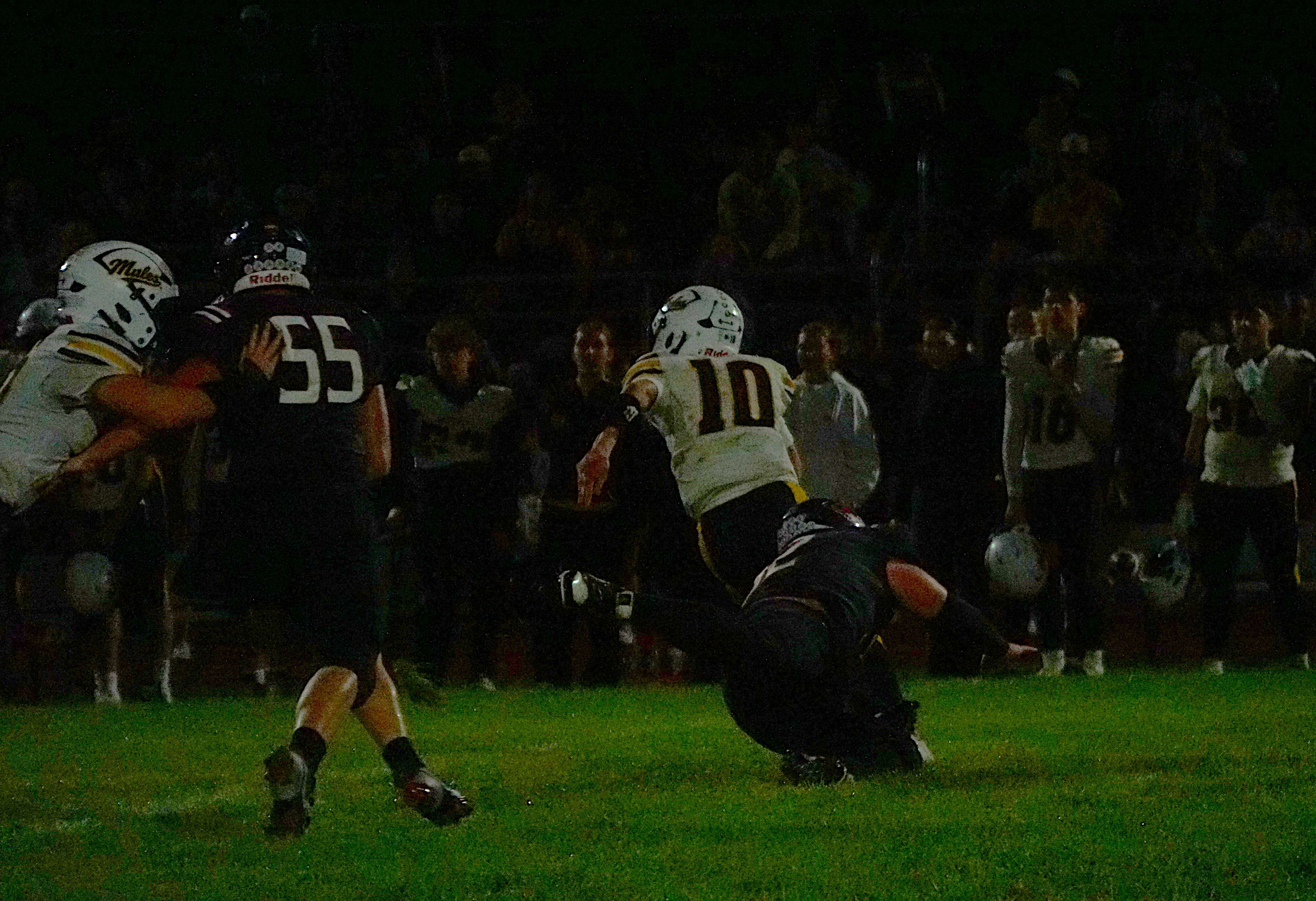 Preston Quarles (10) scrambles looking for a pass downfield/ Photo by Matt Pike