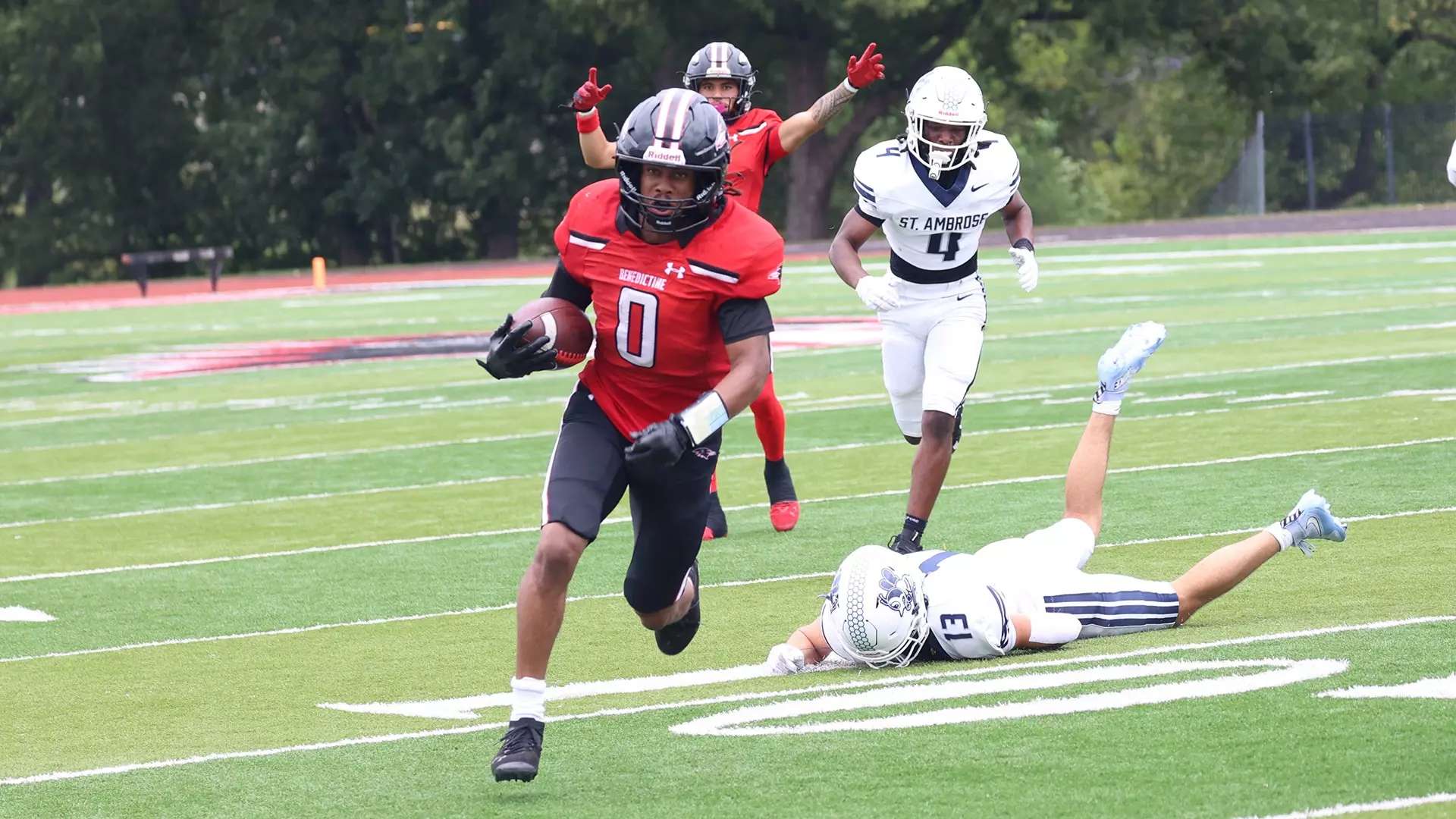 Benedictine wide receiver Christian Pitts (0) had two catches for 31 yards with a touchdown as the No. 5 Ravens shutout St. Ambrose 34-0/ Photo courtesy of Madison Marquardt-Benedictine Athletics
