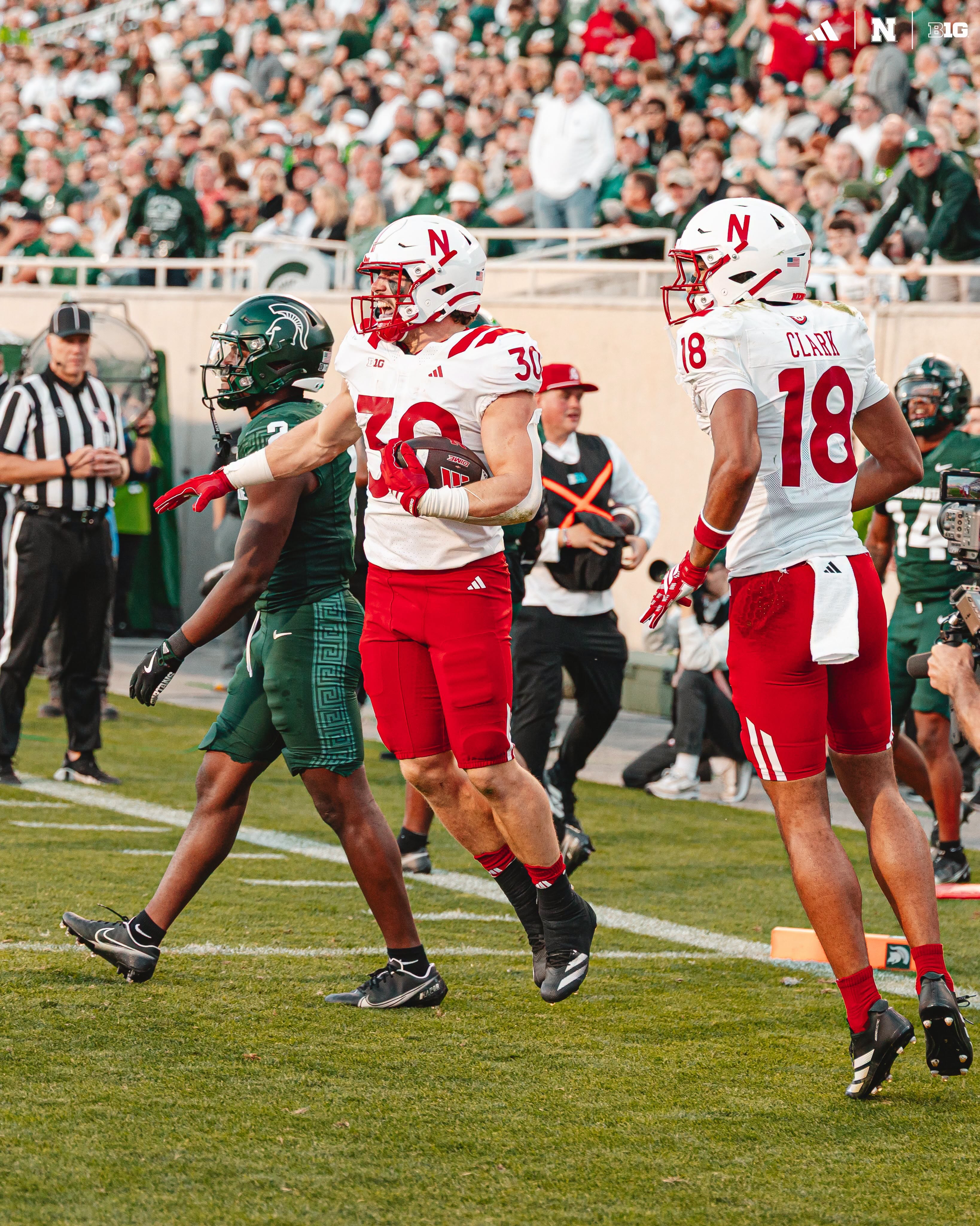 North Platte native, Vincent Genatone, scores 2 touchdowns to help the Huskers go 31-13 against Michigan State to open Big 10 play on September 26, 2026. (Nebraska Athletics)