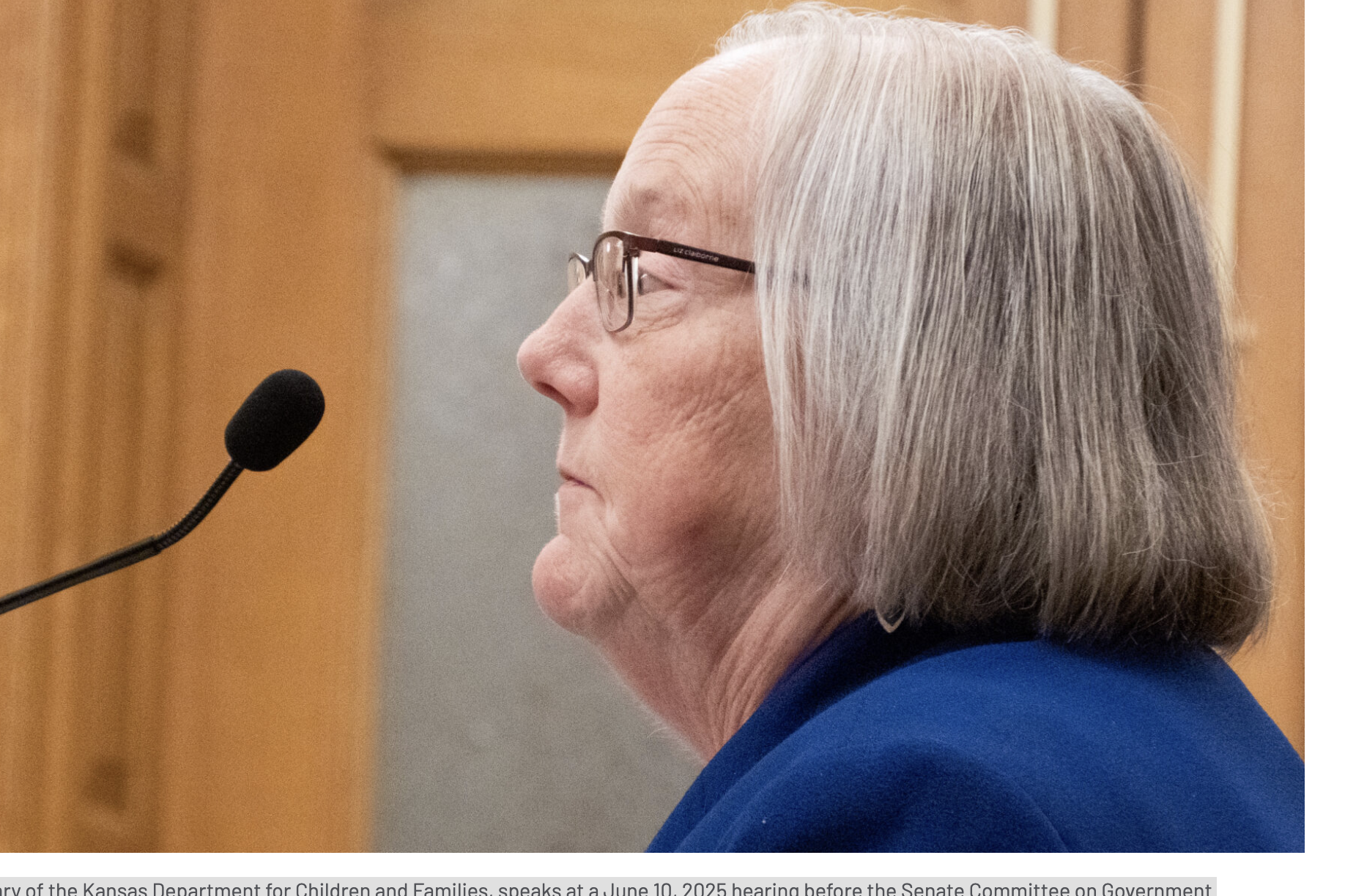 Laura Howard, secretary of the Kansas Department for Children and Families, speaks at a June 10, 2025 hearing before the Senate Committee on Government Efficiency. (Photo by Anna Kaminski/Kansas Reflector)