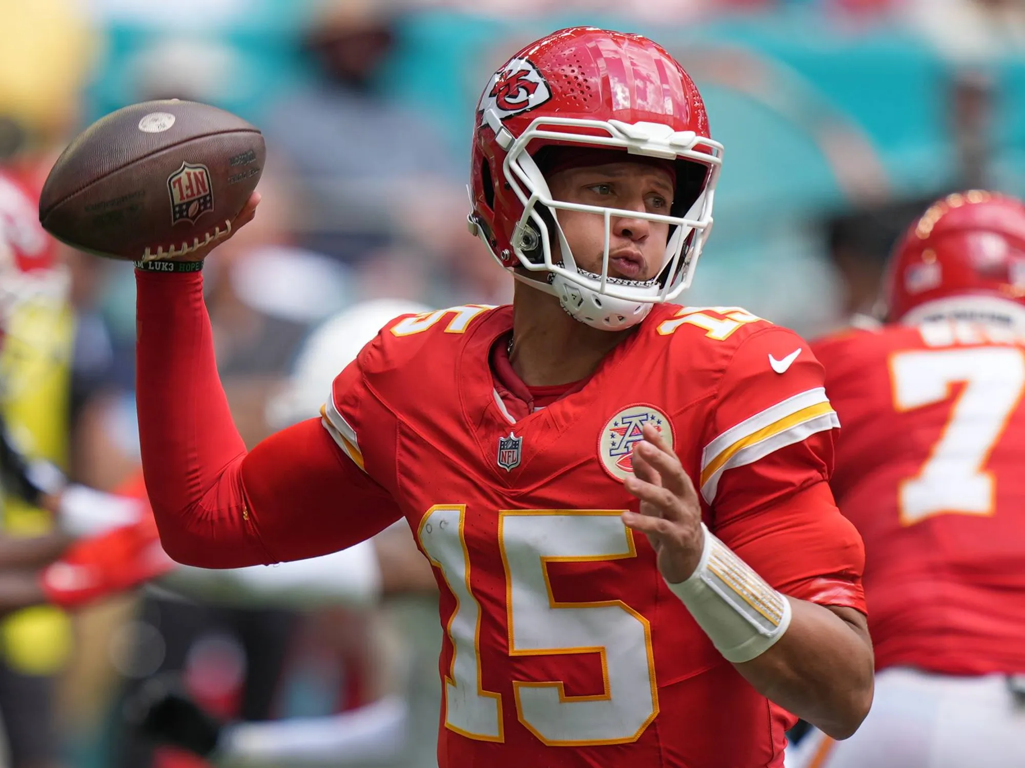 Kansas City Chiefs quarterback Patrick Mahomes (15) looks to pass during an NFL football game against the Miami Dolphins, Sunday, Sept. 27, 2026, in Miami Gardens. (AP Photo/Lynne Sladky)