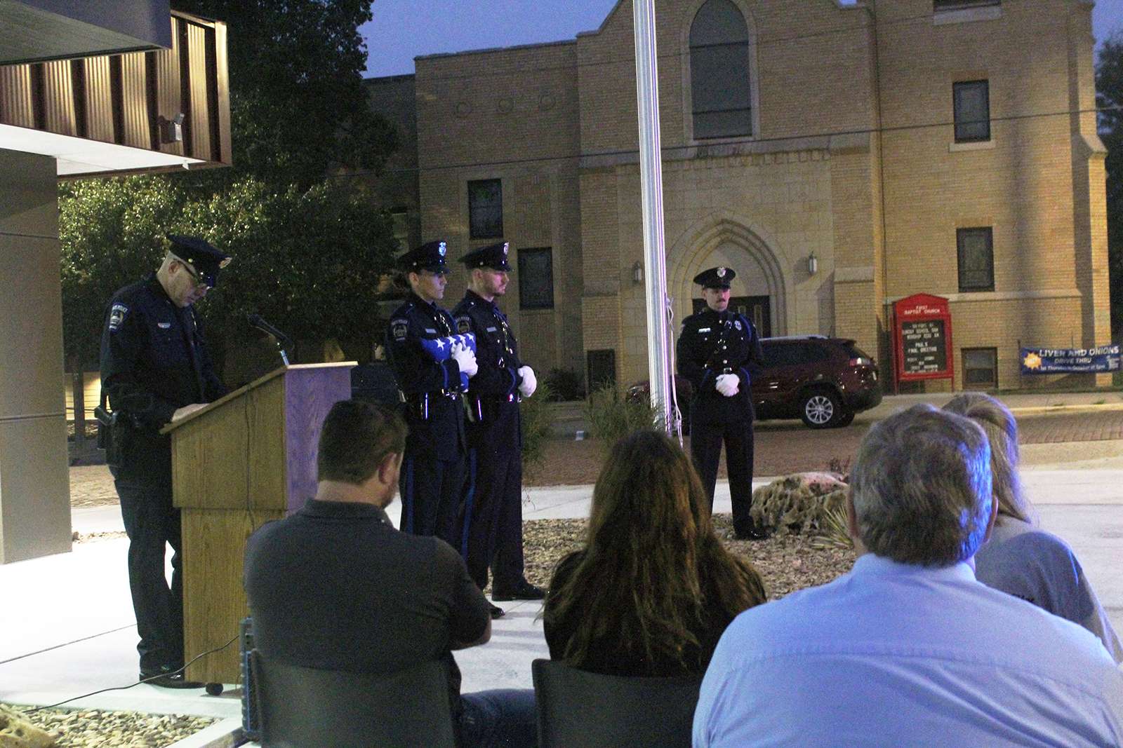 Hays Police Chief Don Scheibler speaks to family, friends and fellow officers on&nbsp;Sgt. Scott William Heimann Remembrance Day. Photo by Cristina Janney/Hays Post