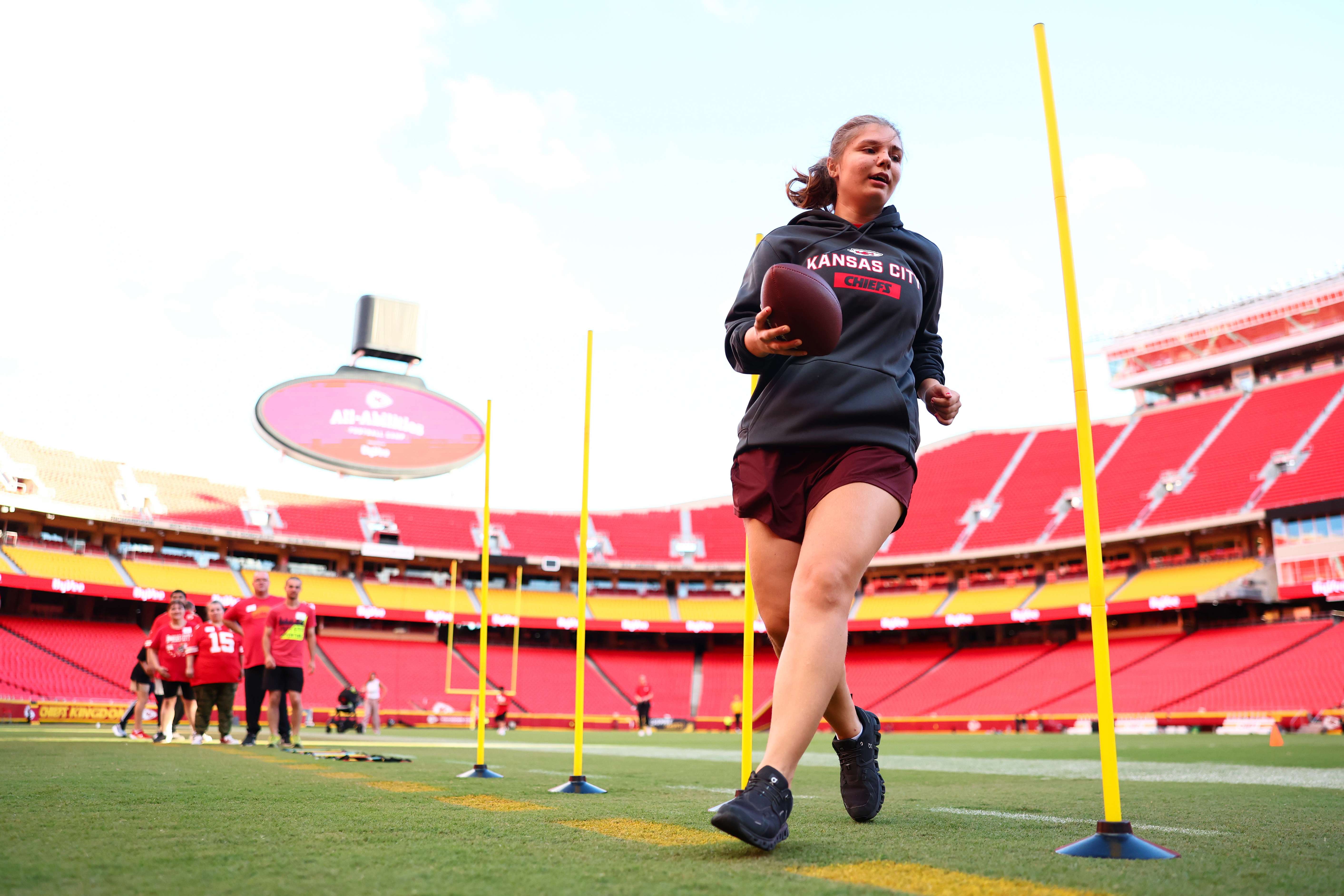 Storm Special Olympics Athlete Sarah Burrill participates in a footwork drill during All Abilities Football Camp, hosted by the Kansas City Chiefs at Arrowhead Stadium on Sept. 22. (photo courtesy of Reagan Cotten, Kansas City Chiefs)