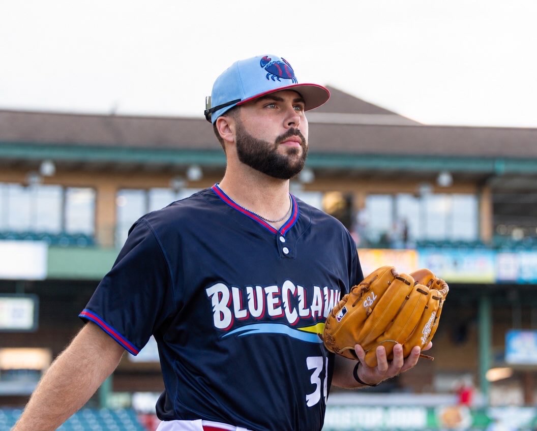 Close up shot of Tegan Cain while he's in his Jersey Shore BlueClaws uniform. Courtesy&nbsp; photo.\