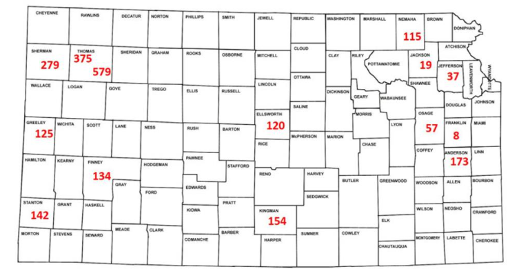 Figure 1. Total fall armyworms caught in pheromone traps in September. Map by Anthony Zukoff, K-State Extension