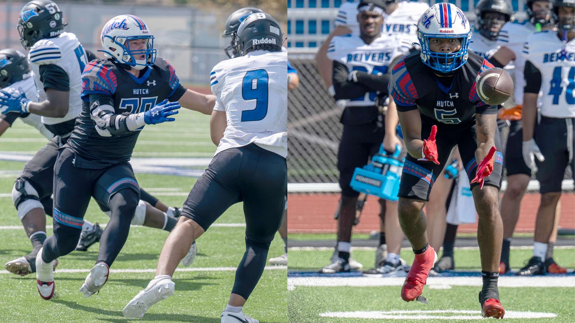 Linebacker Jack Sells (left) was named the KJCCC Defensive Player of the Week and Nakai Poole (right) was named the KJCCC Offensive Player of the Week after the Blue Dragons defeated No. 1 Iowa Western 26-0 on Saturday at Gowans Stadium.