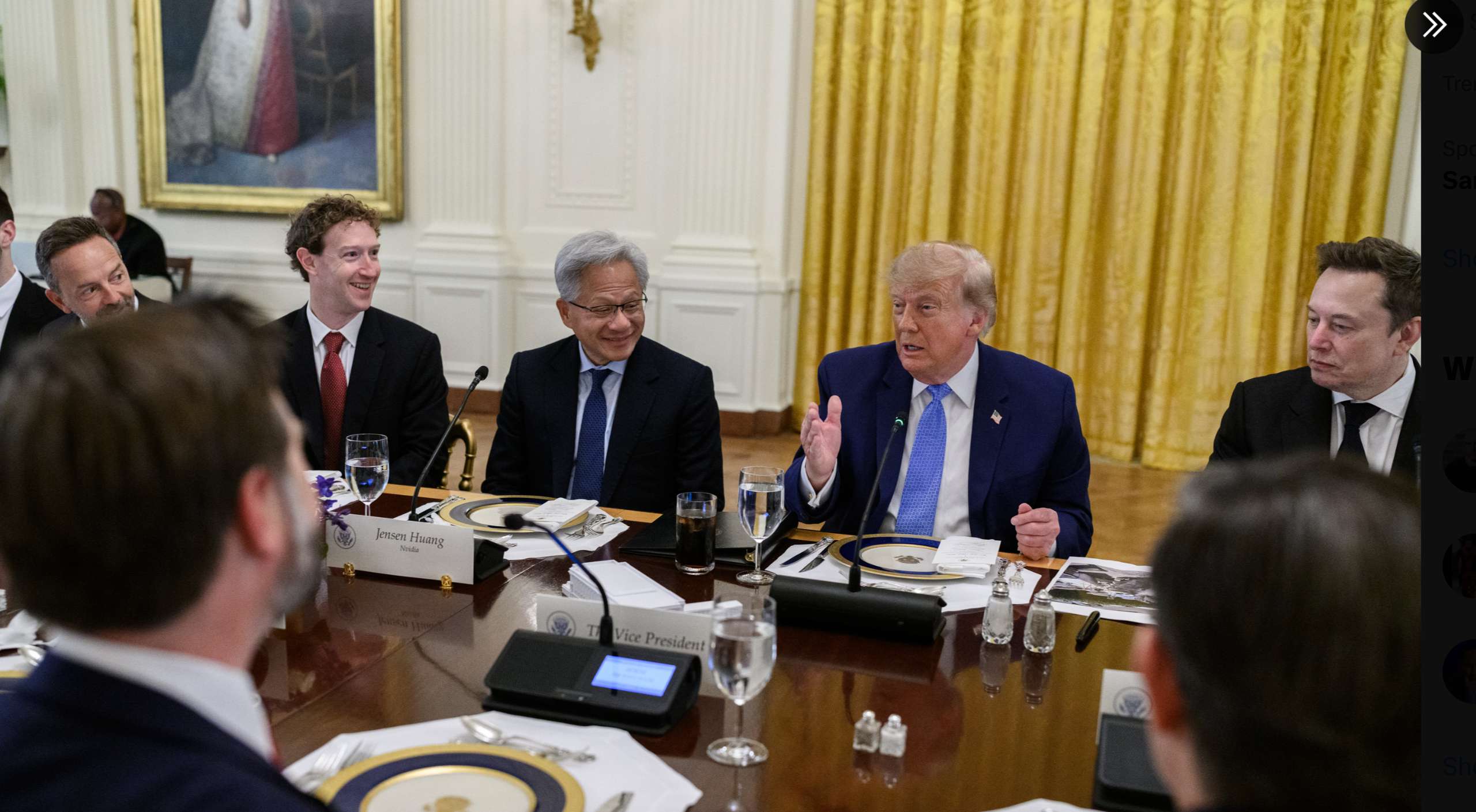 From left, Mark Zuckerberg, Meta;&nbsp; Jensen Huang, Nvidia; President Trump and Elon Musk, X, Tesla and Space X- White House photo