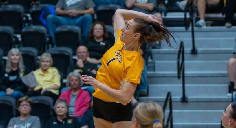Fort Hays State middle blocker Carsyn Cormaney (1) attempts a kill against against Kansas Wesleyan on Tuesday, September 29, 2026 in Hays, Kan, (FHSU Athletics photo/Madyson Schliep)