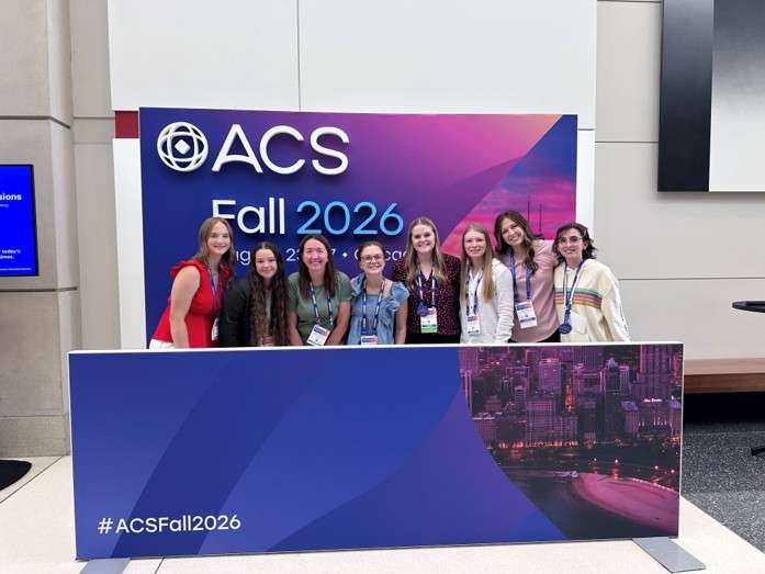 A Chadron State College group poses at the American Chemical Society conference in Chicago Aug. 29, 2026. Natalie Papiernik of Ord, Neb., Piper Ryschon of Scottsbluff, Neb., Dr. Mary Keithly, Sheldyn Rodgers of Valentine, Neb., Aubree Quast of Chadron, Margaret Teague of Casper, Wyo., Piper Craig of Norfolk, Neb., and Sonya Behrends of Alliance, Neb. (Courtesy image, used with permission)