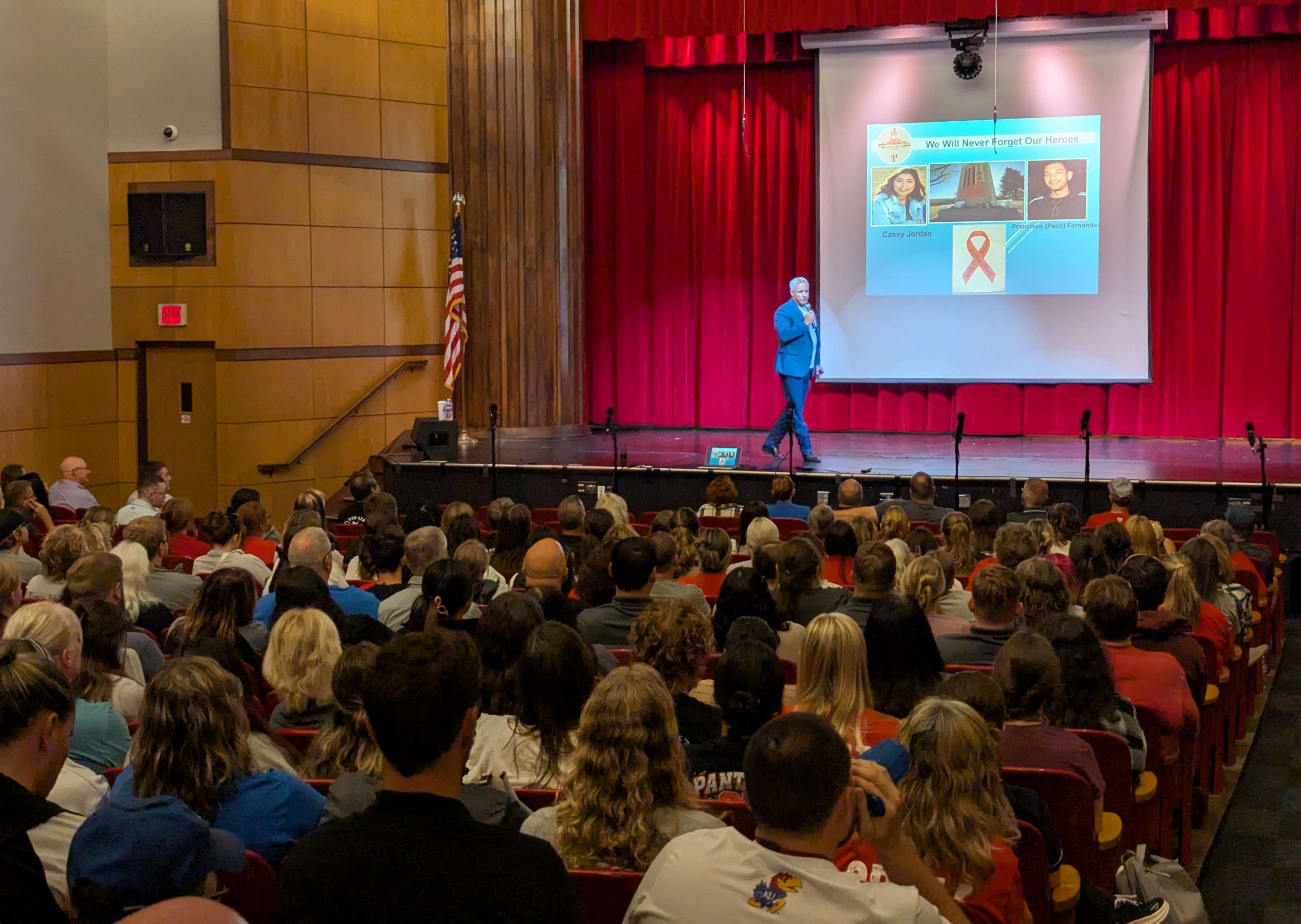 Kirk Carpenter delivers the keynote address to a full auditorium of USD 428 staff during Great Bend Public Schools’ district-wide Safety Day on September 28. Carpenter is the former superintendent of Aztec Municipal Schools in New Mexico, where he led through the recovery of a tragic school shooting, moving from tragedy to training.